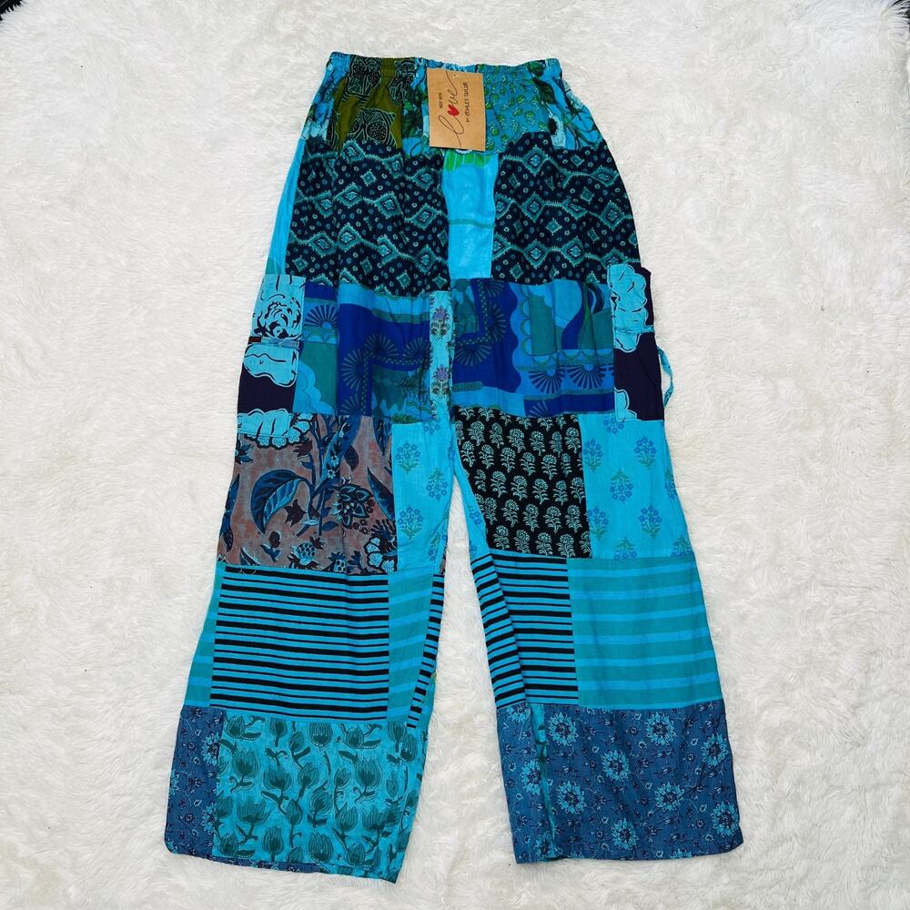 ASHLEY TAYLOR WOMENS PATCHWORK PANTS BOHO HIPPIE HAREM TROUSERS BLUE OSFM 1